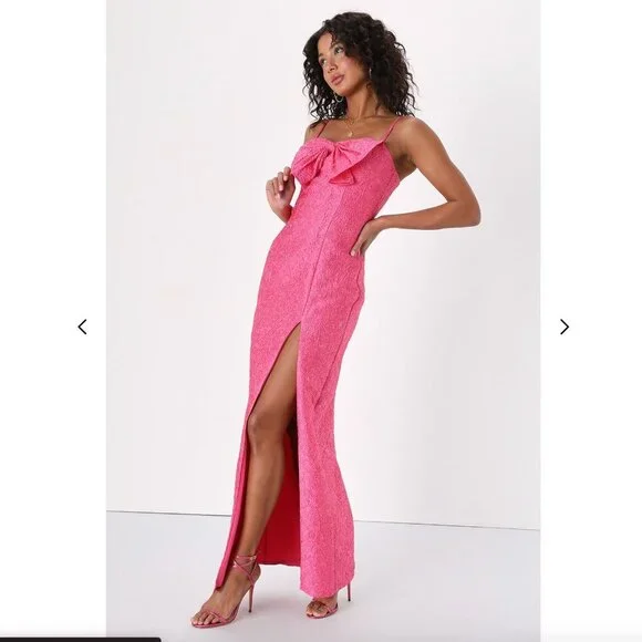 LULUS Romantic Pink Jacquard Bow Sleeveless Maxi Dress Size M NEW WITH TAG!